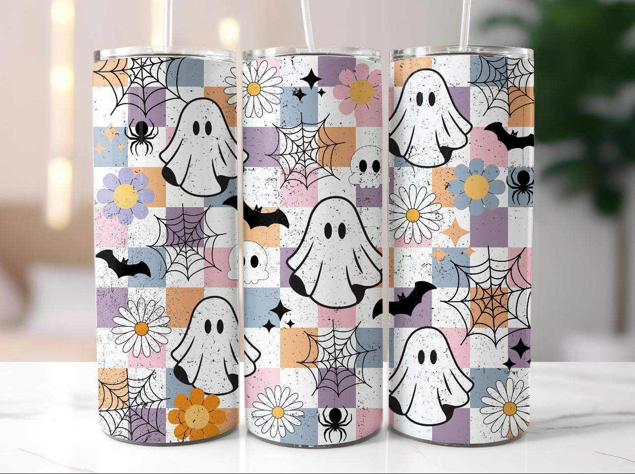 Retro Ghost 20 oz Tumbler with spout straw and keychain Holder