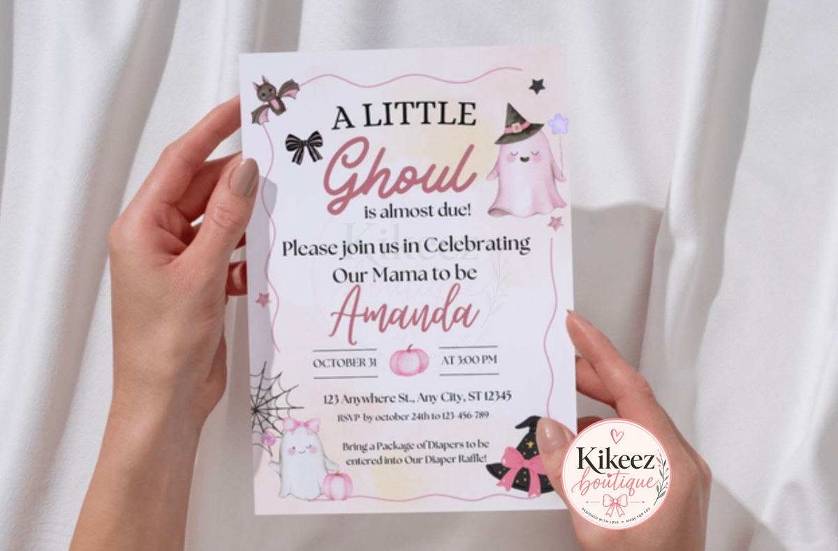 It’s a ghoul Baby Shower | Editable Invitation Template | Pink Halloween | Canva Invitation