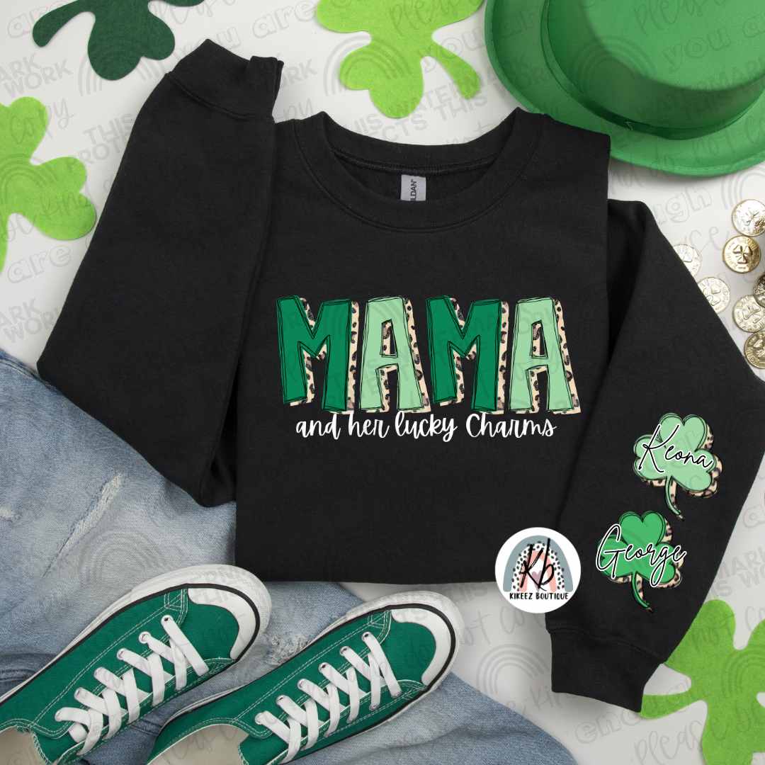 Customizable St. Patrick’s Day "Mama" Crewneck with Clover Sleeve Accents