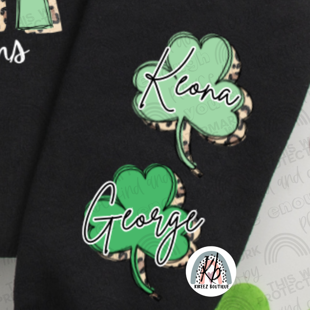 Customizable St. Patrick’s Day "Mama" Crewneck with Clover Sleeve Accents