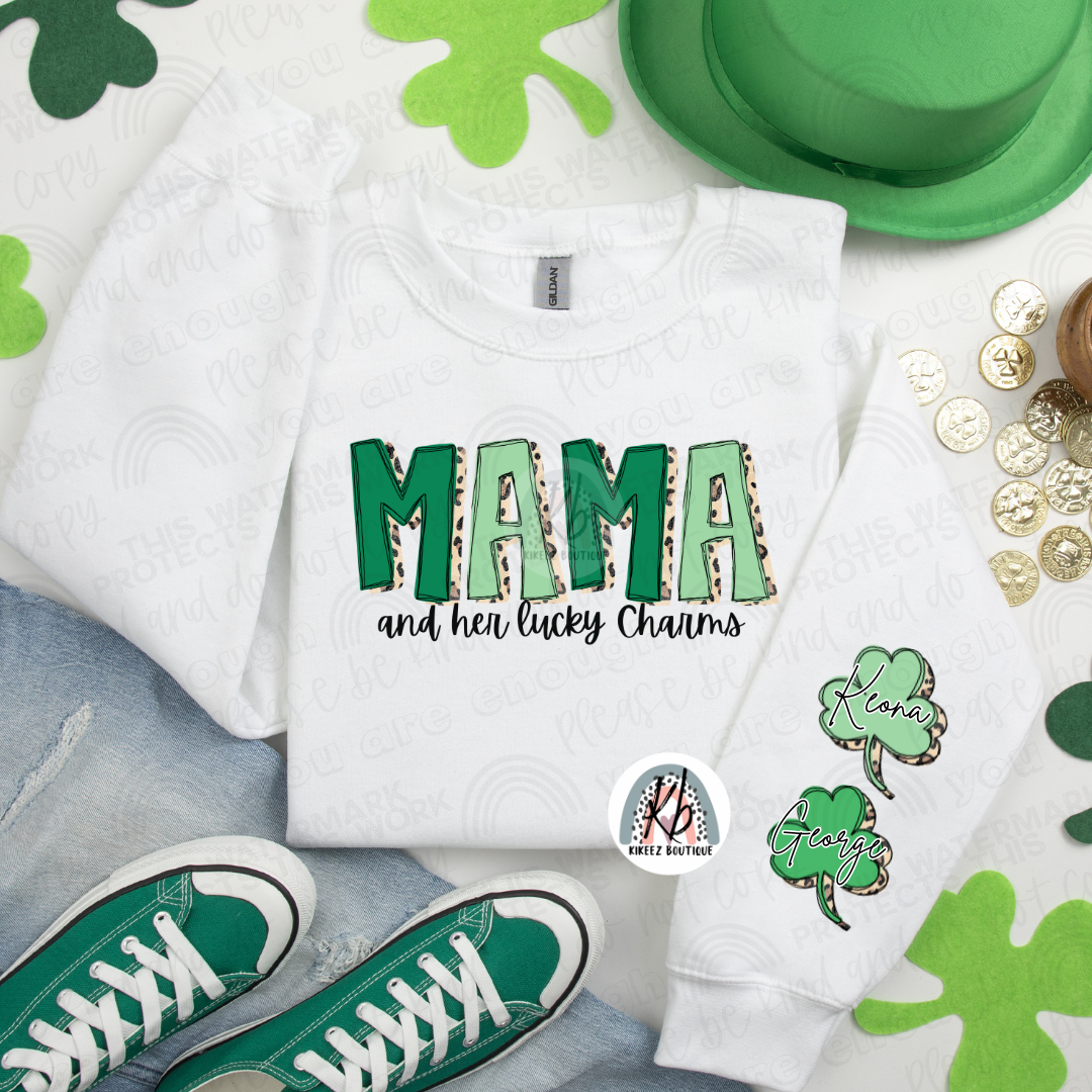 Customizable St. Patrick’s Day "Mama" Crewneck with Clover Sleeve Accents