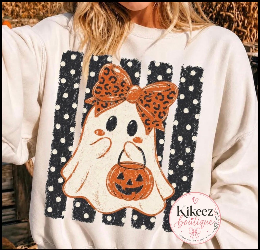 Leopard Bow Ghost Pumpkin Crewneck | Fall & Halloween Sweatshirt