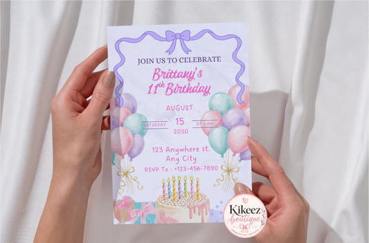 Girl Birthday Invitation| pastel watercolors| Editable Canva Template