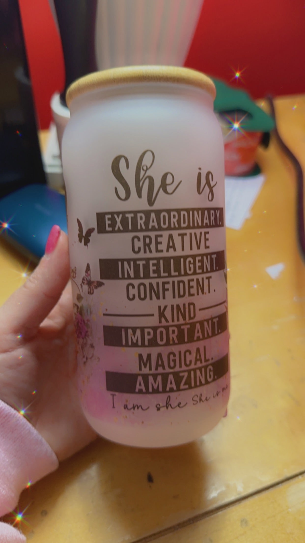 She is… Glass can Tumbler