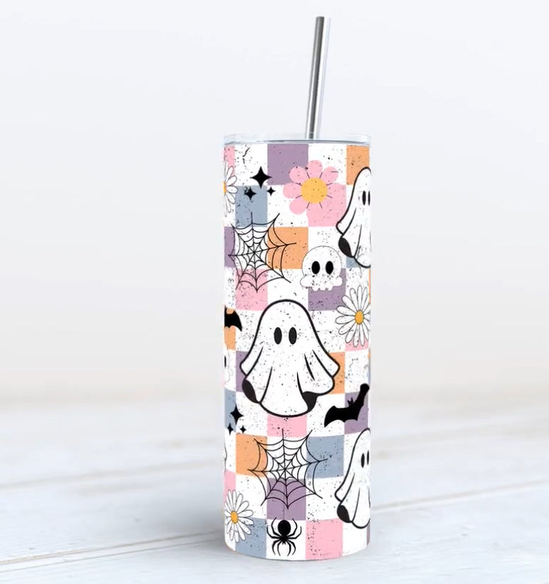 Retro Ghost 20 oz Tumbler with spout straw and keychain Holder