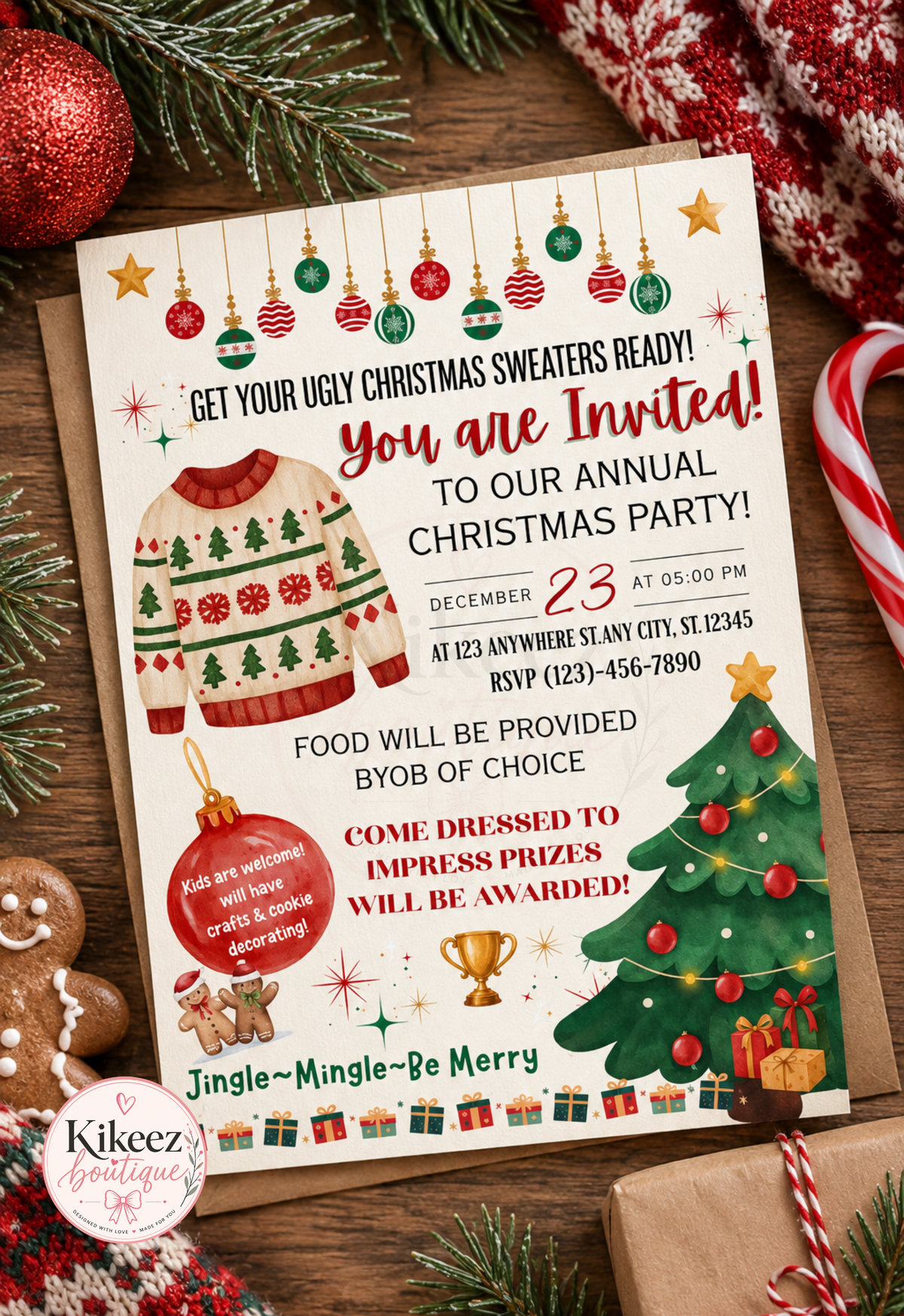 Ugly Christmas sweater party digital invitation| Canva edible template ￼