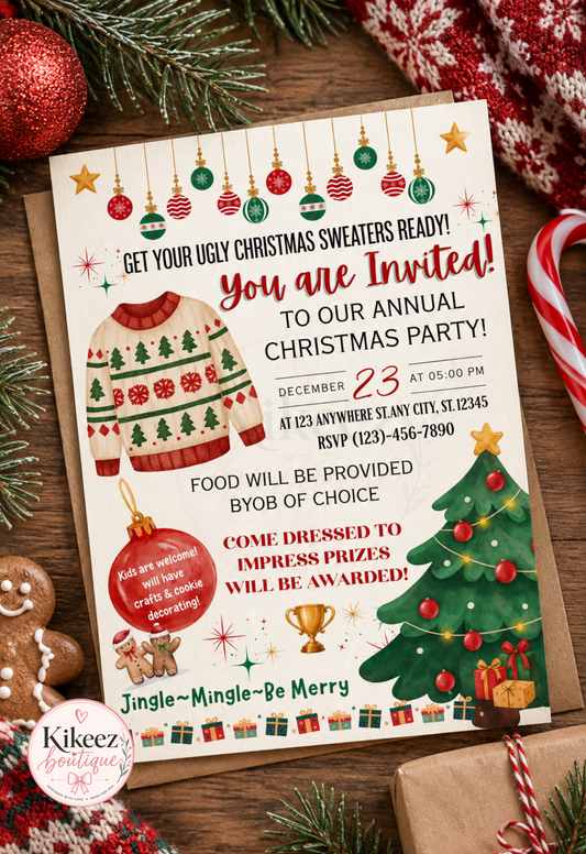 Ugly Christmas sweater party digital invitation| Canva edible template ￼