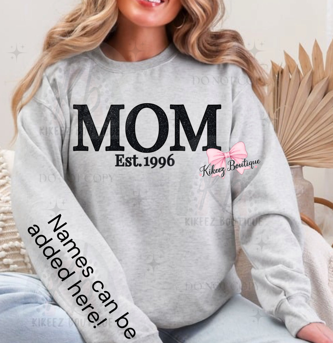 Mom Est. Faux Glitter Crewneck Sweatshirt | Personalized Mom Sweatshirt